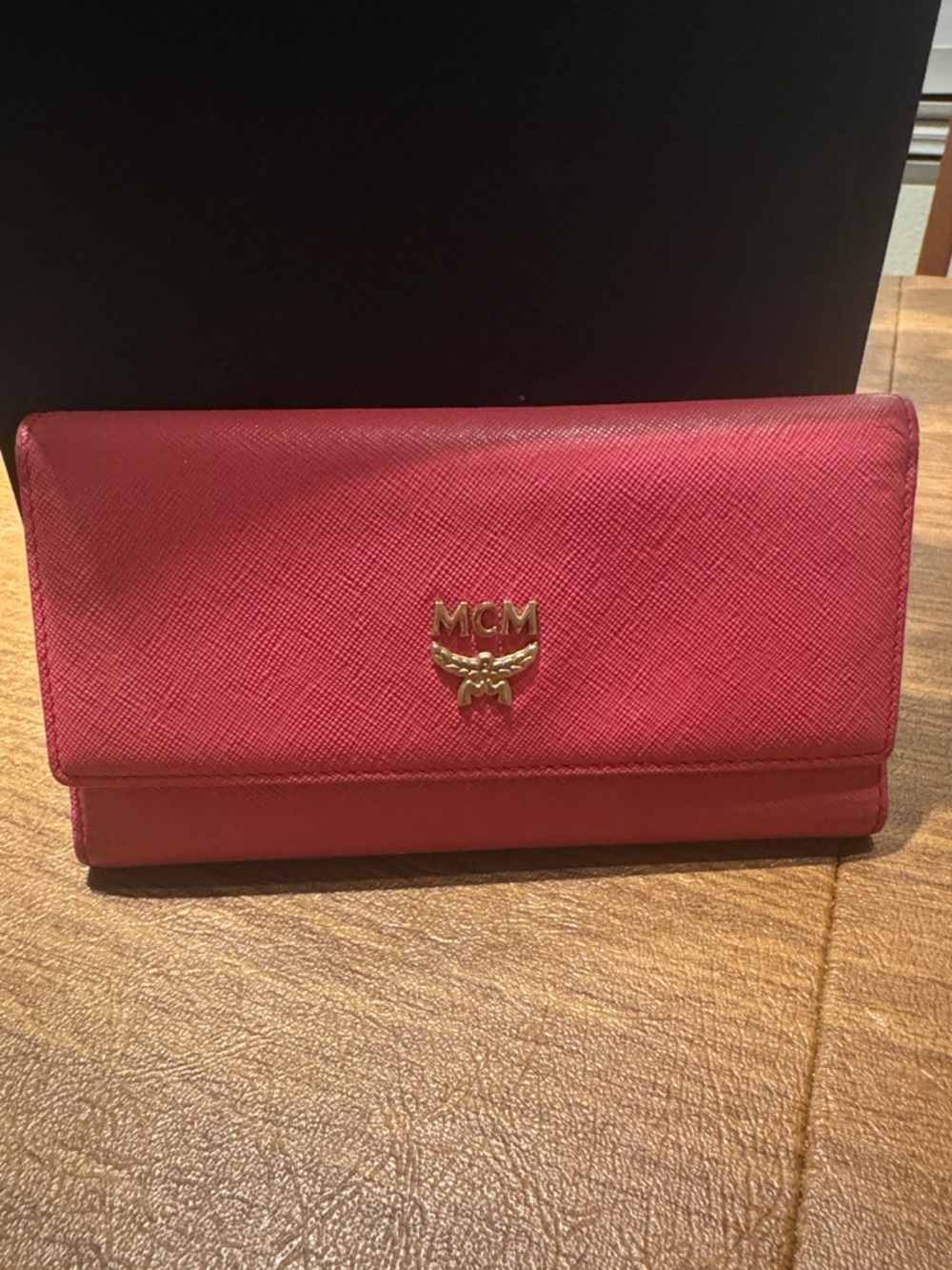 MCM Pink Leather Continental Wallet with Gold Emblem